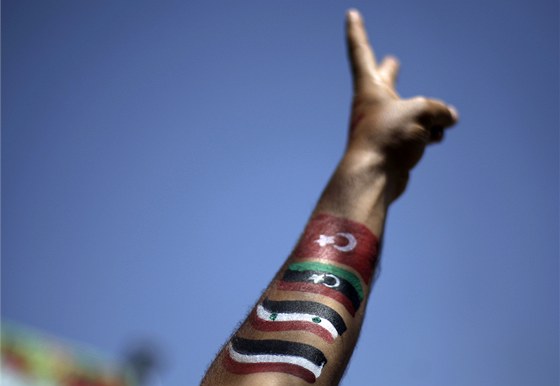 Demonstrant s namalovanými vlajkami Jemenu, sýrie, Lýbie a Tuniska na ruce