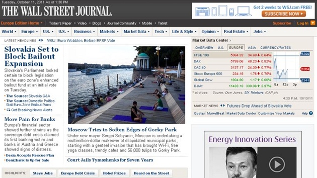 Úterní homepage amerického zpravodajského webu The Wall Street Journal