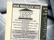 Inzerce PPF ped prvn vlnou kupnov privatizace (MF DNES, 15. ledna 1992)