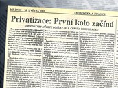 Novinov lnek v MF DNES k prvn vln kupnov privatizace (18. kvtna 1992)