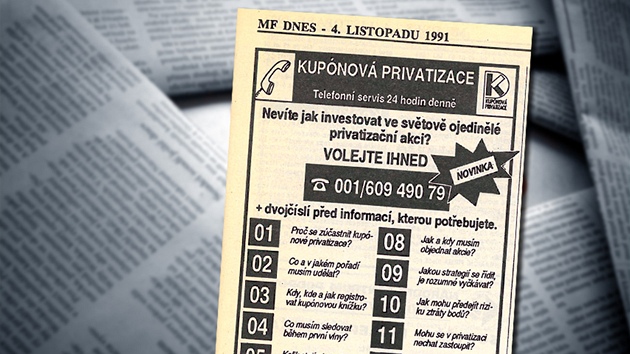 Inzerce infolinky ke kupónové privatizaci (MF DNES, 4. listopadu 1991)