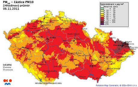 Mapka eskho hydrometeorologickho stavu zachycuje nedln smogov zaten.