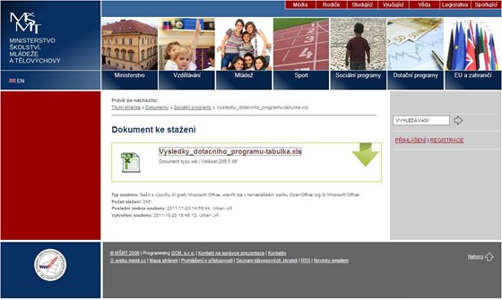 Printscreen webu ministerstva kolství s voln pístupným dokumentem s osobními