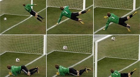 SKANDÁL NA MS 2010. Nmecký branká Neuer se na loském mistrovství svta marn natahoval po stele anglického záloníka Lamparda, která skonila za brankovou árou. Rozhodí vak gól neuznali.