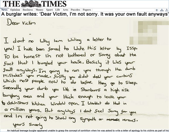 Dopis, který 16letý zlodj napsal svým obtem.