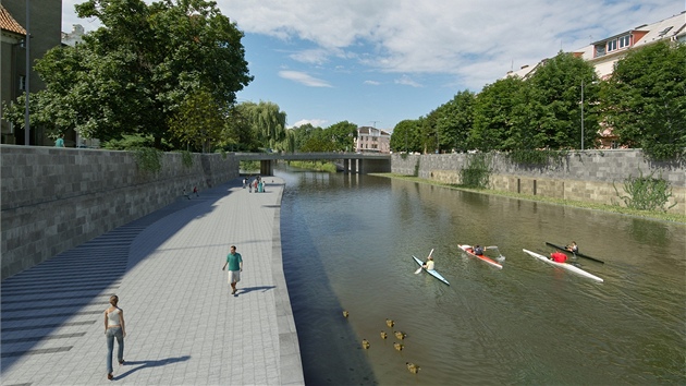 Vizualizace pohledu na koryto eky Moravy v Olomouci z Blahoslavovy ulice ped kostelem proti proudu po protipovodovch pravch a vzniku nplavek.