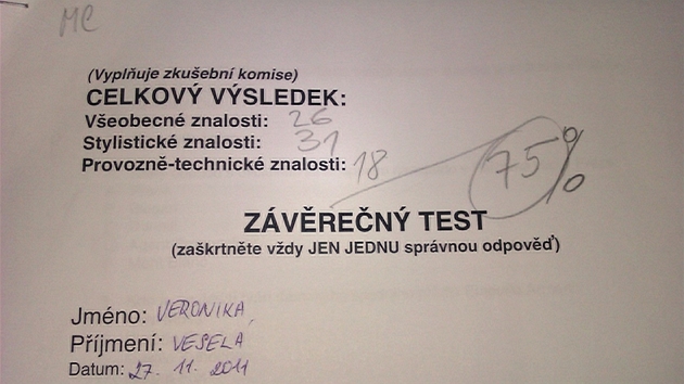 Zvren test: maximln poet bod - 100, dosaen poet bod - 75.