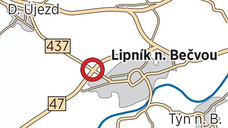 Nebezpen kiovatka silnic I/47 a II/437 u Lipnka nad Bevou.