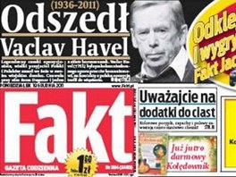Polský list Fakt dal text o Havlov úmrtí do záhlaví titulní stránky. (19....