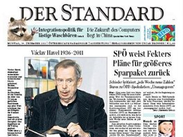 Pední strana rakouského listu Der Standard (19. prosince 2011)