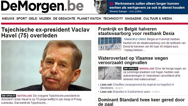 Titulní strana serveru DeMorgen.be v den úmrtí Václava Havla (18. prosince 2011)