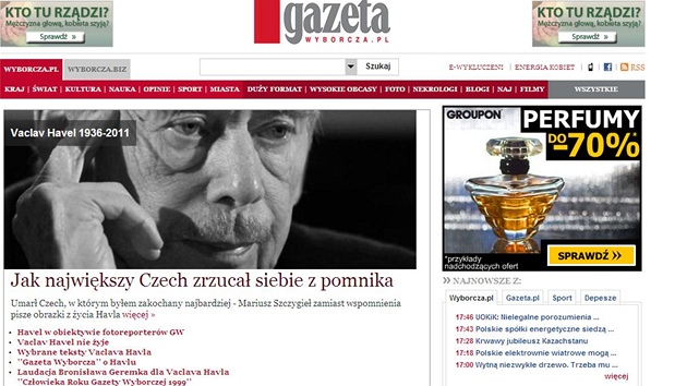 Titulní strana webových stránek polského deníku Gazeta Wyborcza (18. prosince