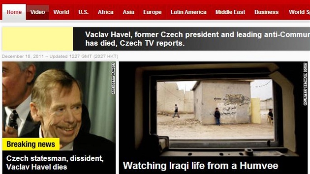 Titulní strana webových stránek televize CNN v den úmrtí Václava Havla (18.
