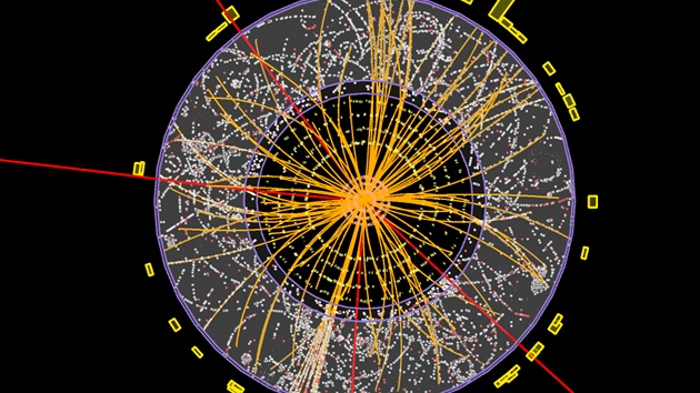 Záznam sráky dvou proton z urychlovae LHC poízený detektorem ATLAS. Je to