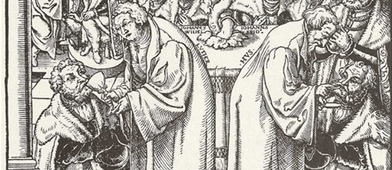 Saský mistr: Martin Luther a Jan Hus podávají pod obojí saským kníatm (3.