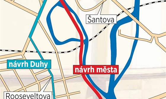 Zatímco radnicí schválená trasa nové tramvajové trat vede podél eky Moravy, podle Hnutí Duha by mla vést pes Polskou a Rooseveltovu ulici. Pro zobrazení celé mapy kliknte.