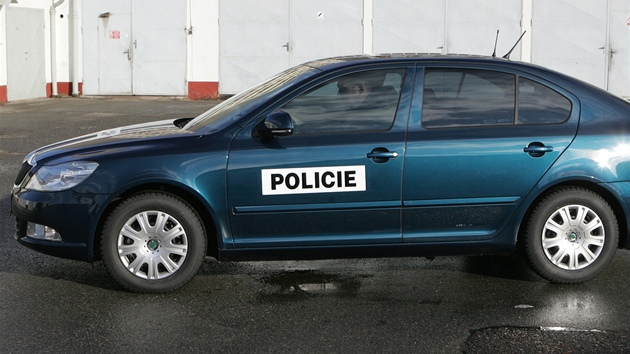 Z vozu ped híníka pedstoupí policista v bílé epici, auto ale nápisy