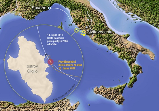 Rekonstrukce plavby lodi Costa Concordia ze 14. srpna 2011 a 13. ledna 2012 