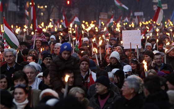 Provládní pochod na podporu premiéra Viktora Orbána v Budapeti (21. ledna