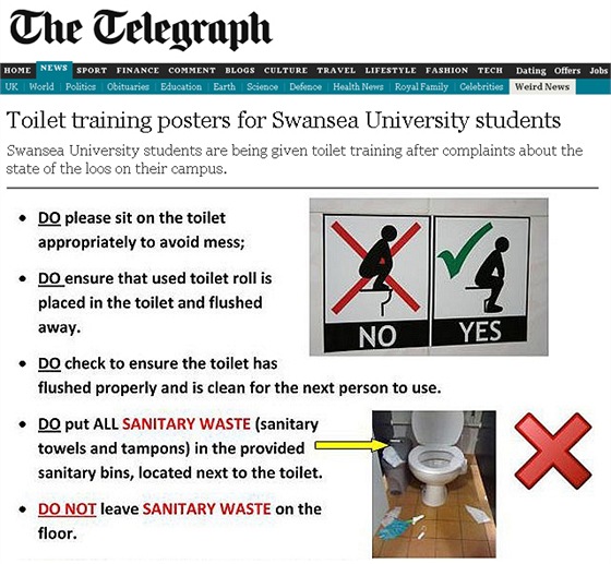 Britská univerzita bojuje s nepoádkem na záchodech letáky, jak je pouívat. Na
