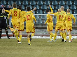 Radost fotbalist Dukly po tref Malho v vodnm utkn ligovho jara, Dukla