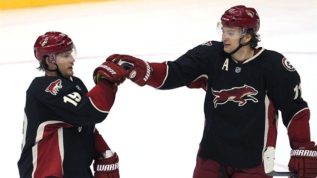 DOBRÁ PRÁCE. Martin Hanzal a Shane Doan z  Phoenixu slaví gól.  