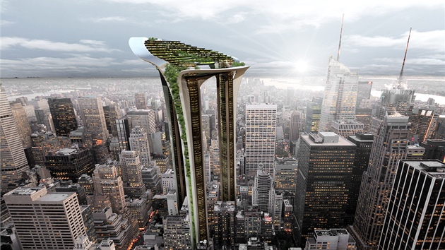Vizualizace: mrakodrap s vlastními zelenými plochami, které jím prorstají.