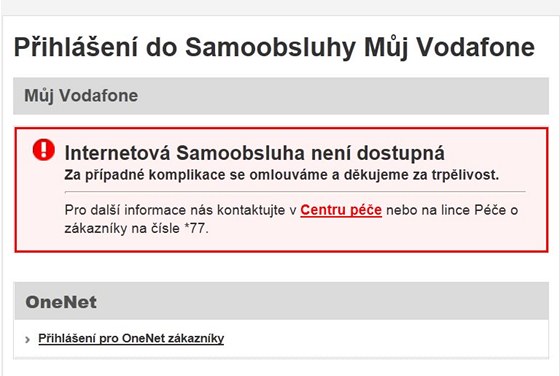 Výpadek internetové samoobsluhy Vodafone