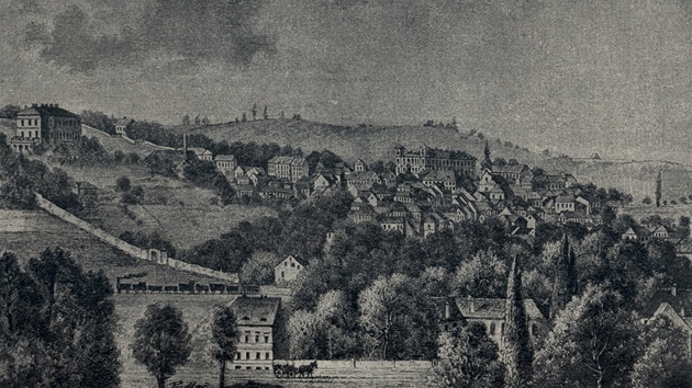 Pohled na Vrovice z roku 1880 od vrovického nádraí.