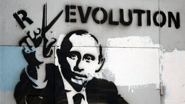 Graffiti s vyobrazeným premiérem a prezidentským kandidátem Vladimirem Putinem