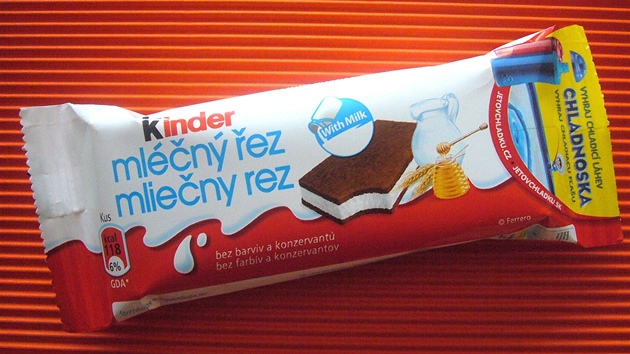 Kinder - Mln ez, 1ks = 28 g, energie 490 kJ, blkoviny 2,2 g, sacharidy 9,5 g, tuky 7,8 g. Koment odbornice: Tyinka m ze vech nejmen gram, ale obsahuje stejn energie, jako 30 g respektive 35 g balen zde uvedench vrobk. Vzhledem k vysokmu procentu tuk lze doporuit vjimen a rozhodn ne jako "zdroj mlka", jak bv asto propagovna reklamou.