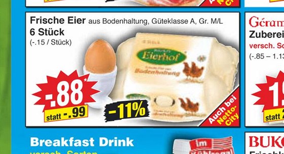Leták berlínského Kauflandu nabízí balení esti vajec, které ped slevou stálo