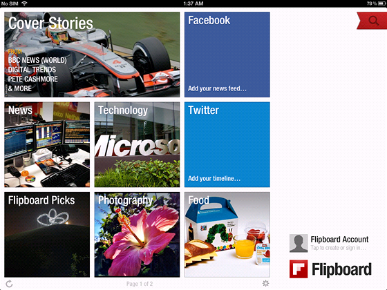 Titulní obrazovka aplikace Flipboard. Obsah z jednotlivých server je...