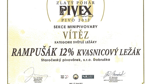 Diplom, který na souti Zlatý pohár Pivex - pivo 2012 obdrel dobruských