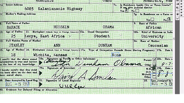 Vrstvy v dokumentu s rodným listem Baracka Obamy