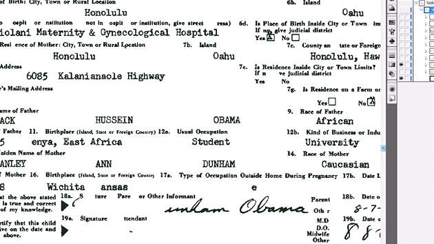 Vrstvy v dokumentu s rodným listem Baracka Obamy