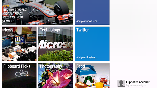 Titulní obrazovka aplikace Flipboard. Obsah z jednotlivých server je...