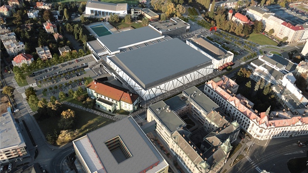 Vizualizace plánované budoucí podoby olomouckého zimního stadionu a blízkého...