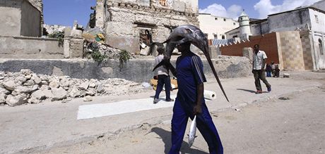 Somálský rybá kráí se svým úlovkem válkou ponieným Mogadiem (27. bezna