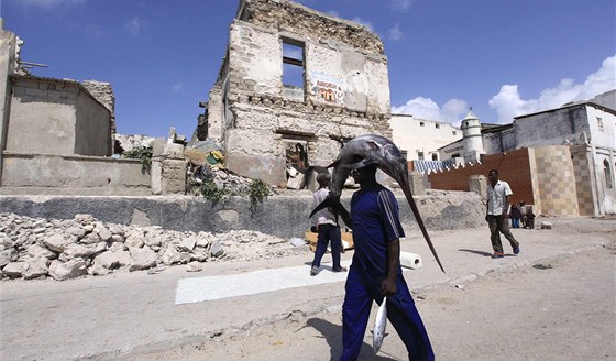 Somálský rybá kráí se svým úlovkem válkou ponieným Mogadiem (27. bezna