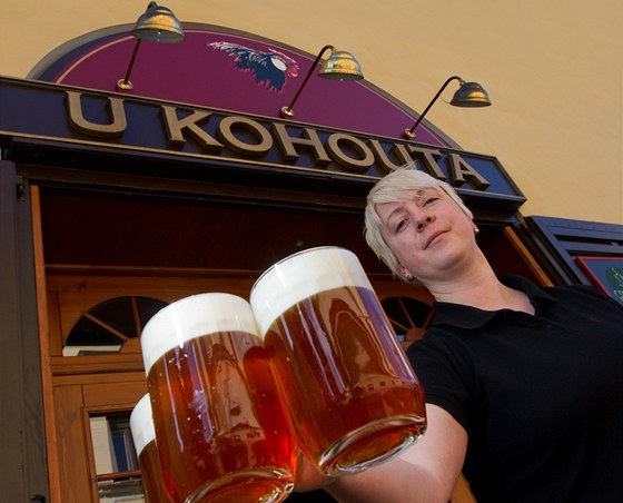 Hospodská Jana Kudrová toí v hradeckém hostinci U Kohouta stejnojmenné pivo.