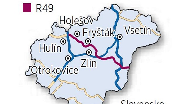 Trasa plánované silnice R49 přes Zlínský kraj Trasa plánované silnice R49 přes Zlínský kraj