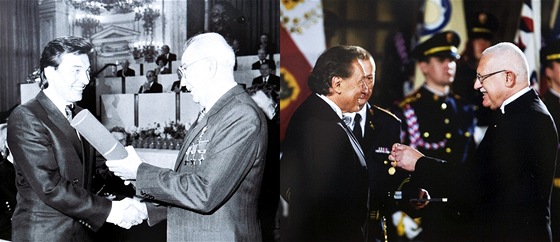 Zpvák Karel Gott s prezidenty - vlevo s Gustávem Husákem pi pedání titulu