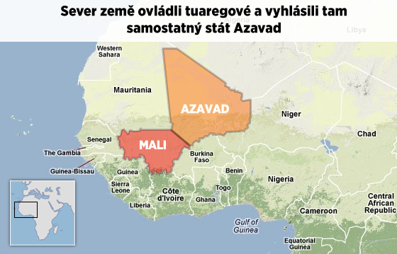 Mapa Mali. Sever zem ovldli na jae 2012 islamist spolen Tuaregy. Ti pak