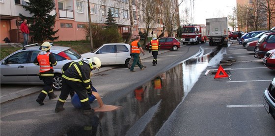 Z proraené nádre nákladního auta vytekly na ulici desítky litr nafty.