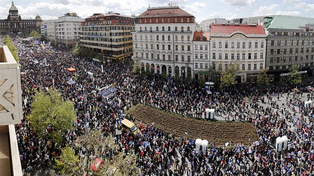 Václavské námstí v Praze se tém zaplnilo demonstrujícími odborái. (21.