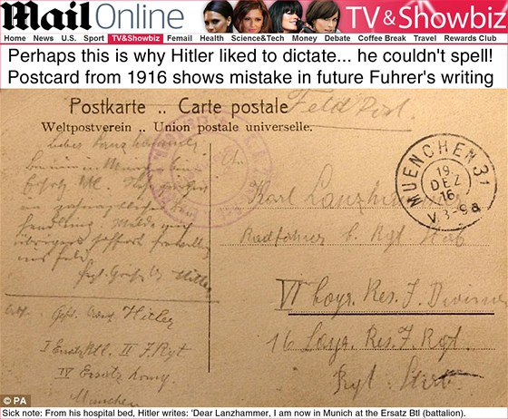 Pohlednice, kterou sedmadvacetiletý Adolf Hitler poslal svému píteli z pluku