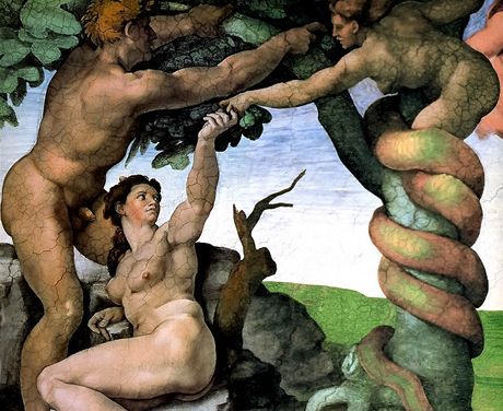 Adam a Eva v zahrad, která jim stala osudnou... malba Michelangelova, poátek