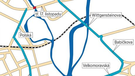 Mapa velké objíky, která eká idie v centru Olomouce kvli uzavenému mostu na tíd 17. listopadu. Pro zvtení kliknte.