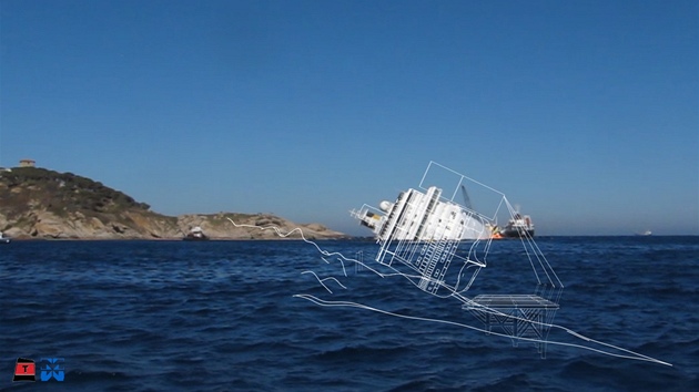 Plán vyzvednutí vraku lodi Costa Concordia z útes u italského ostrova Giglio.